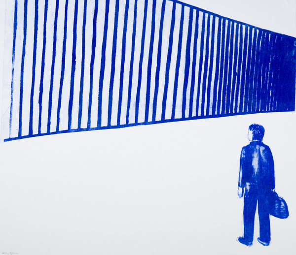 An unknown guy with a suitcase crosses the border